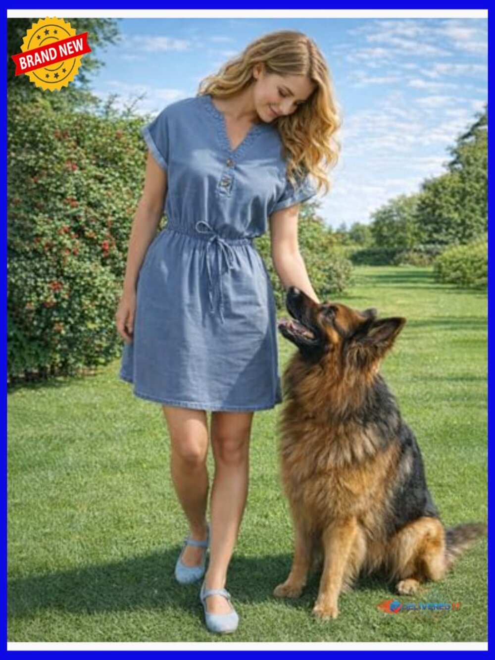Short Sleeve Notch V Neck Button Tie Waist A Line Denim Mini Dress with Pockets - Picture 4 of 7
